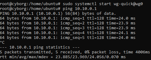 Ping from BATCAVE to DC01 at 10.10.0.1 showing successful replies through the WireGuard tunnel